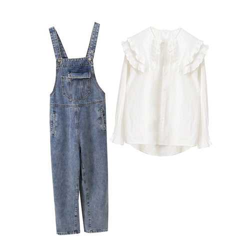 Young Autumn Korean Style Loose Cropped Denim Suspender Pants