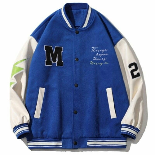 Letter Bear Skeleton Patchwork Baseball Jacket
