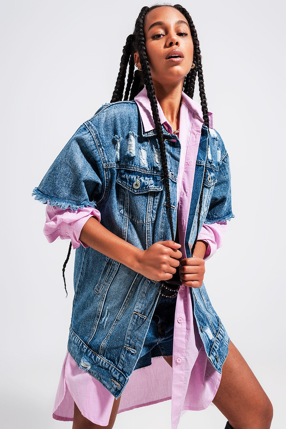 Oversized Distressed Short Sleeves Denim Jacket