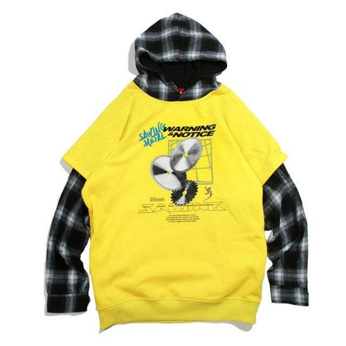 Hoodies Men Fake 2 Pieces Men Hooded Pullover Oversize Style Plaid