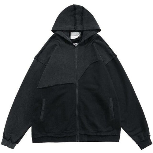 Patchwork Color Zipper Distressed Hoodie