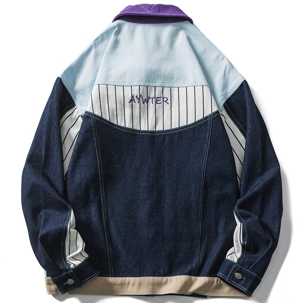 Denim Jacket Men Color Block Patchwork Embroidery Multi-Pocket Cargo