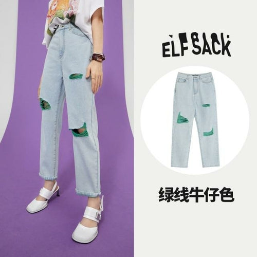 Solid High Waist Washed Casual Denim Jeans Women,Summer Pure Ripped