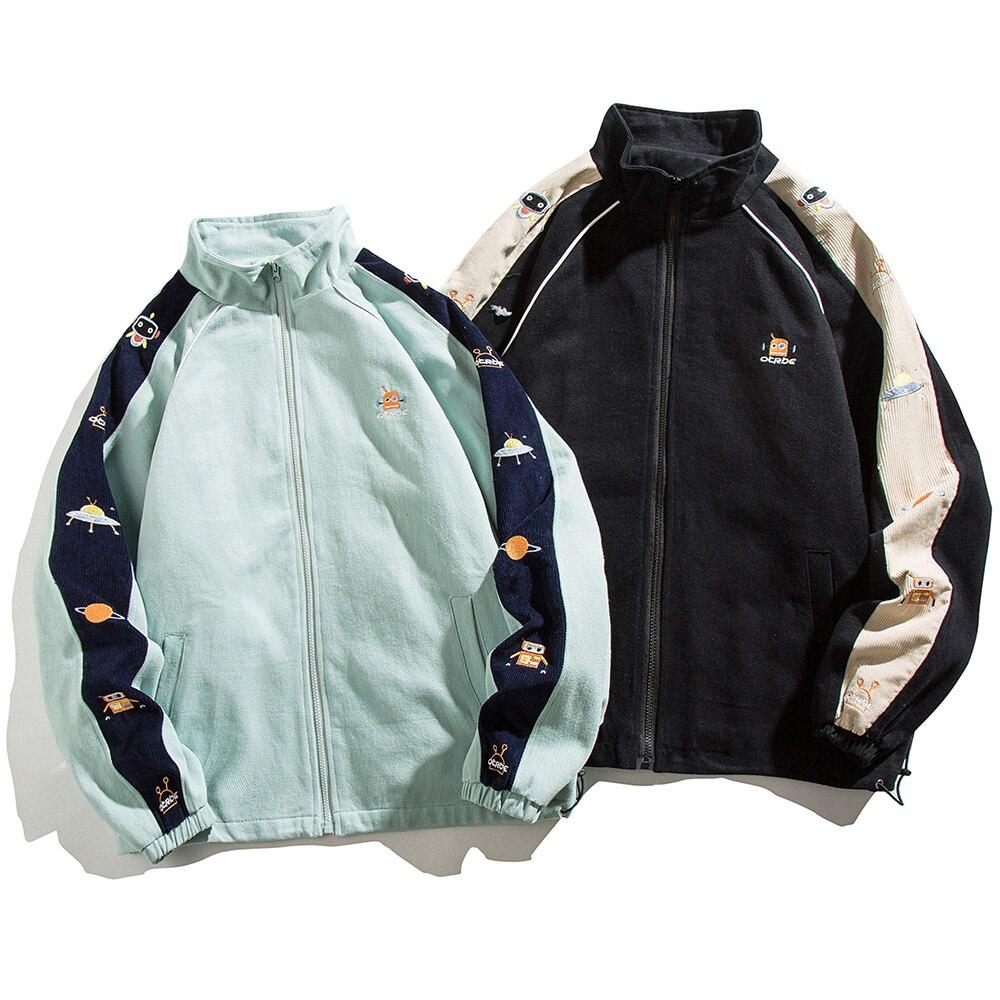 Zipper Jacket Men Robot Embroidery Patchwork Color Varsity Coat Couple