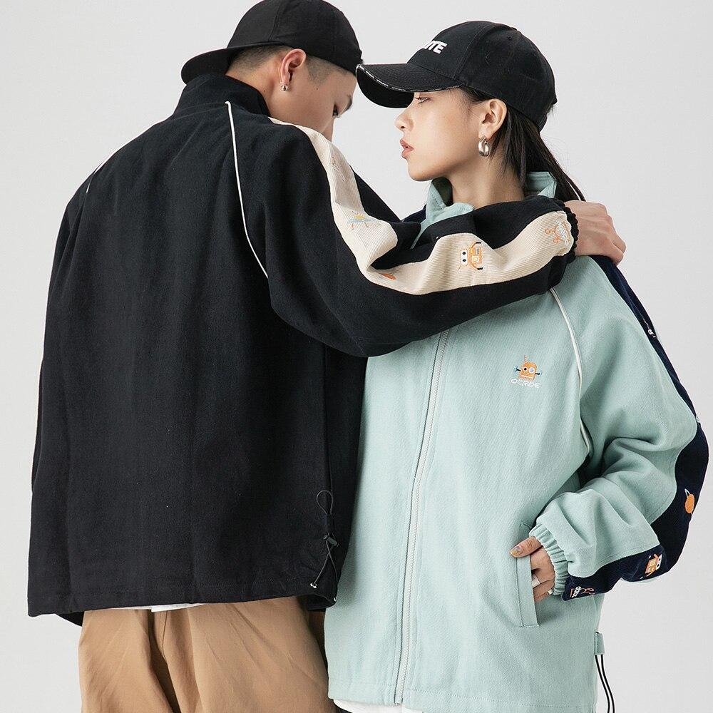 Zipper Jacket Men Robot Embroidery Patchwork Color Varsity Coat Couple