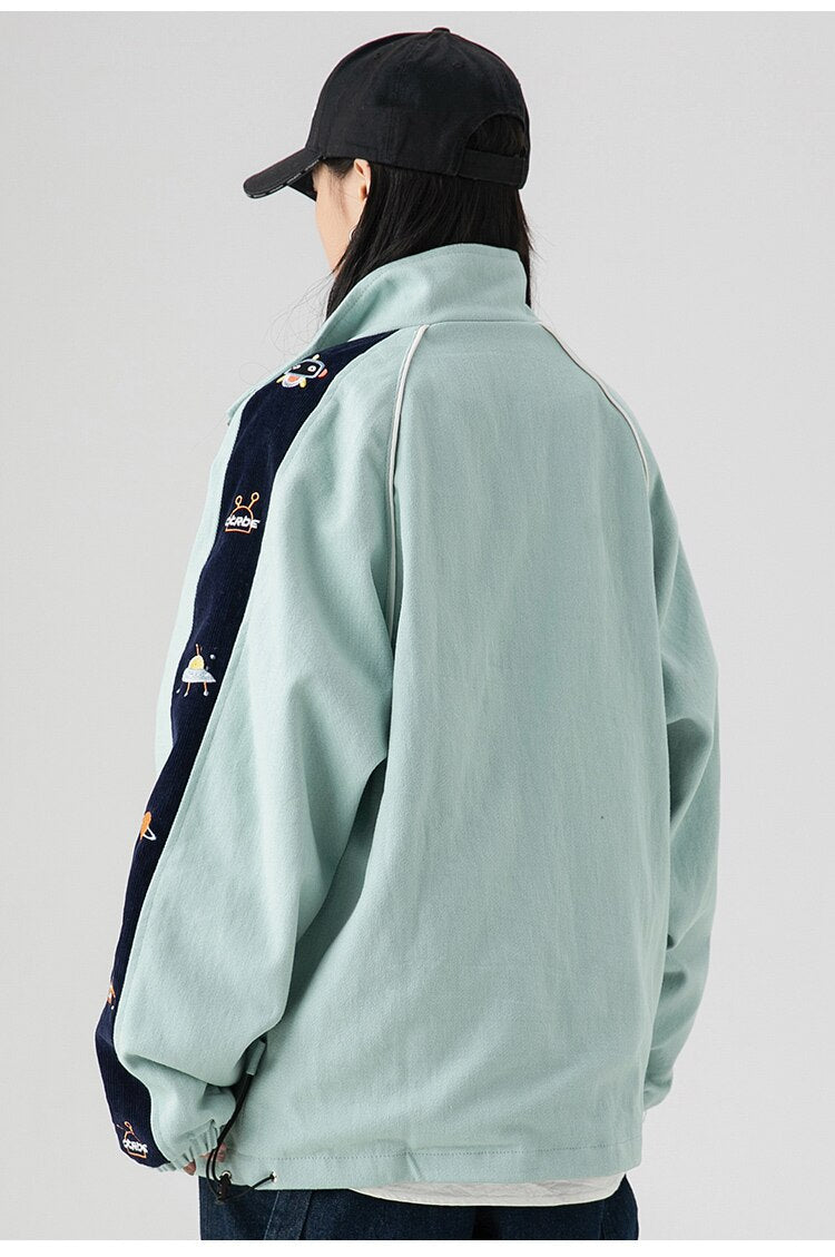 Zipper Jacket Men Robot Embroidery Patchwork Color Varsity Coat Couple