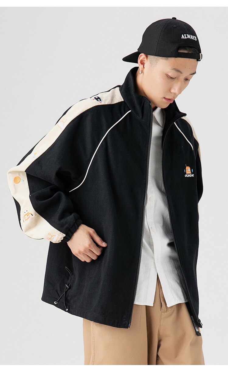 Zipper Jacket Men Robot Embroidery Patchwork Color Varsity Coat Couple
