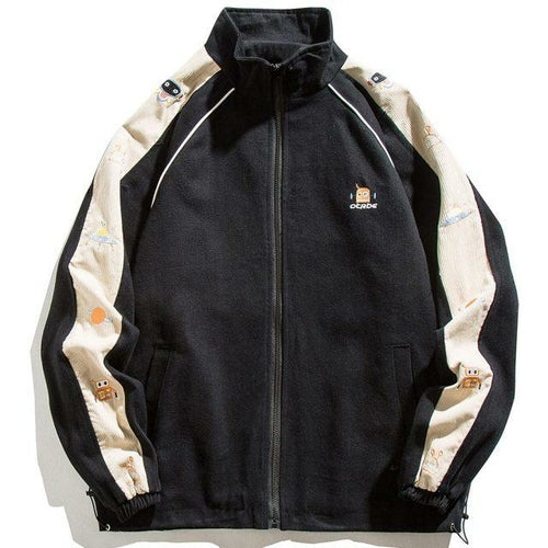 Zipper Jacket Men Robot Embroidery Patchwork Color Varsity Coat Couple