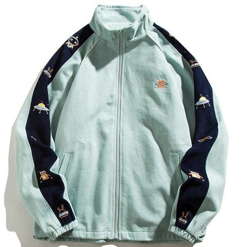 Zipper Jacket Men Robot Embroidery Patchwork Color Varsity Coat Couple