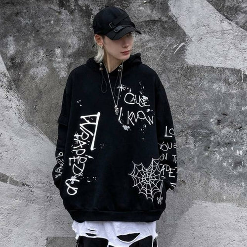 Hoodie Men Harajuku Letter Inkjet Heart-shaped Net Print Pullovers