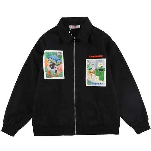 Jackets Men Cartoon Bear Graffiti Letter Print Turn-down Collar Coats