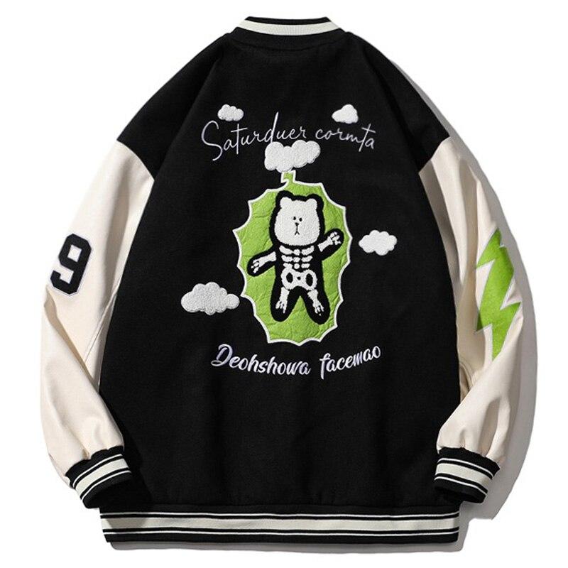 Letter Bear Skeleton Patchwork Baseball Jacket
