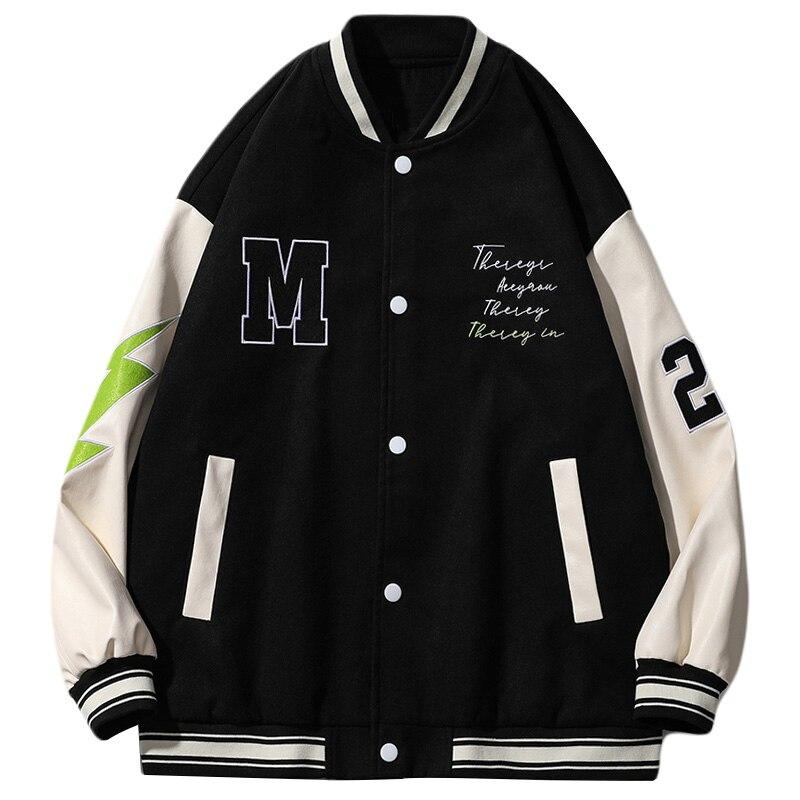 Letter Bear Skeleton Patchwork Baseball Jacket