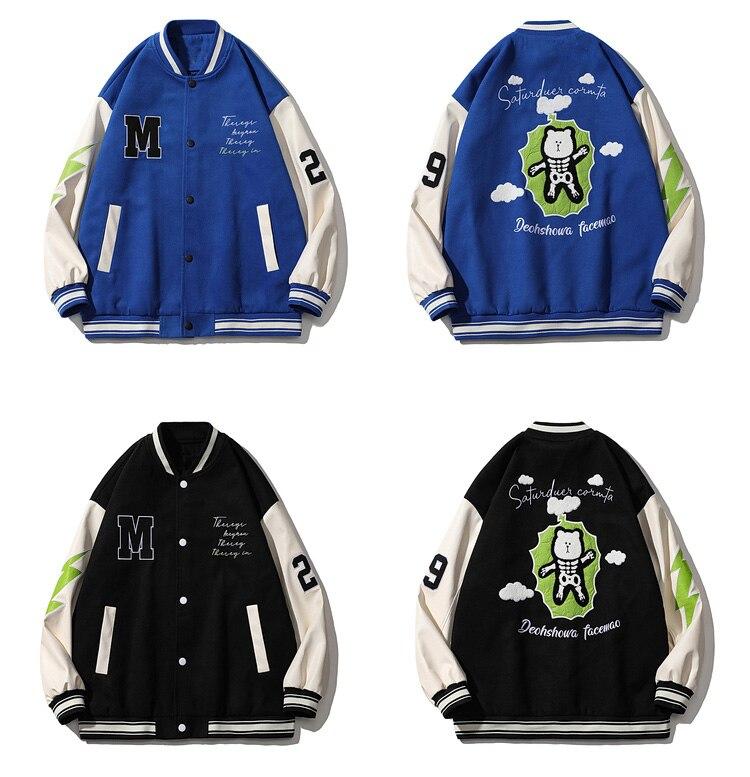 Letter Bear Skeleton Patchwork Baseball Jacket