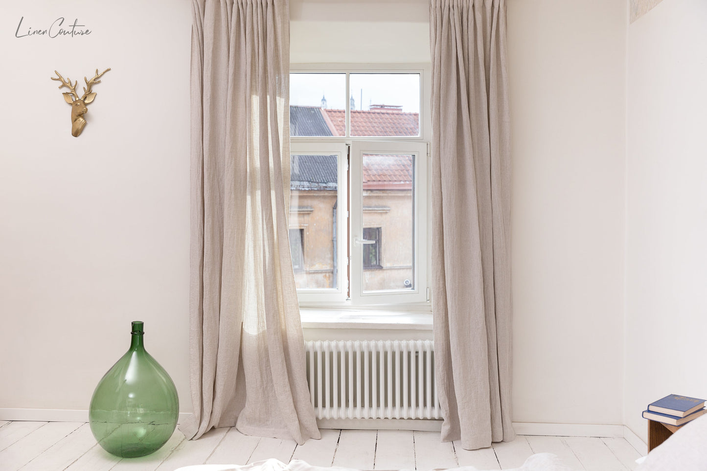 Extra Wide Natural Light Linen Curtain Panel with heading tape