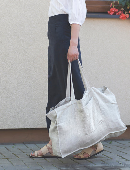 Double Cloth linen beach bag with pocket