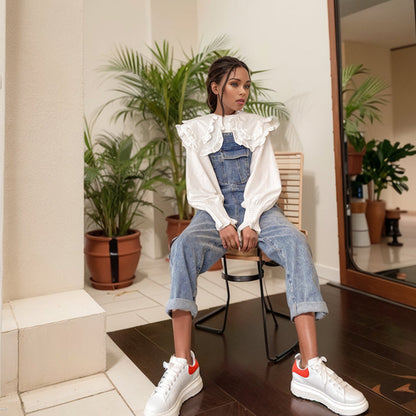 Young Autumn Korean Style Loose Cropped Denim Suspender Pants