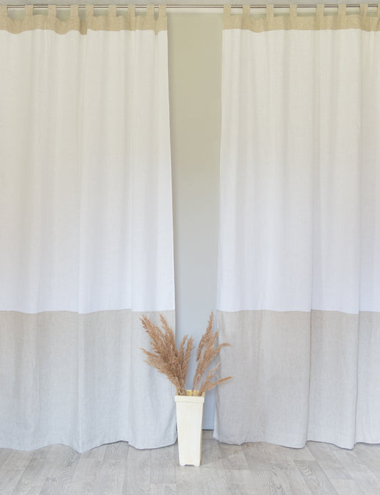 White and Natural Light linen curtains with tabs, two tones