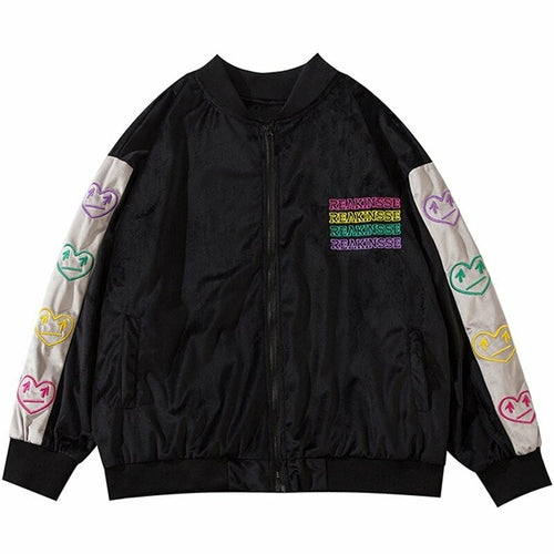 Unisex Baseball Jacket Colorful Heart Embroidery Patchwork