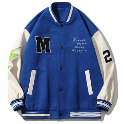 Letter Bear Skeleton Patchwork Baseball Jacket