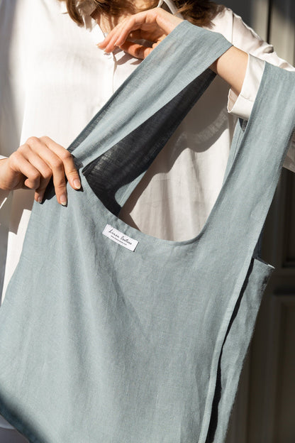 Greyish Mint linen tote bag with inside pocket