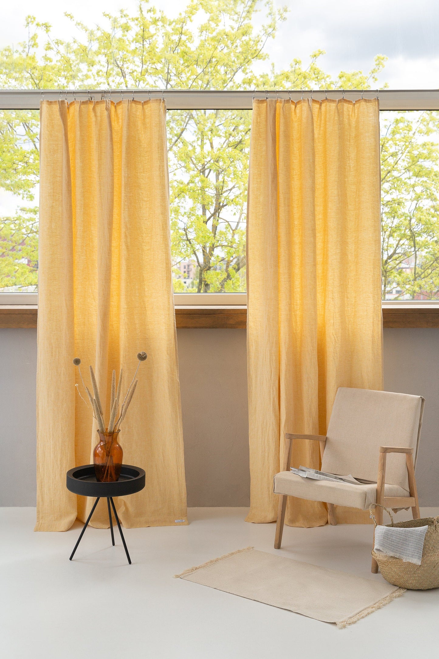 Canary Yellow linen curtain with pleating tape
