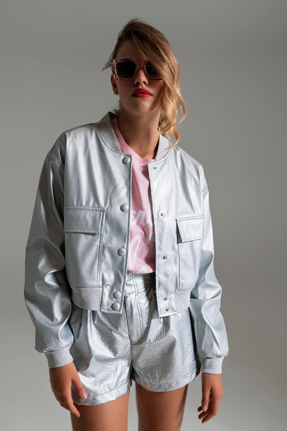 Metallic Bomber Jacket With Front Pockets in Silver