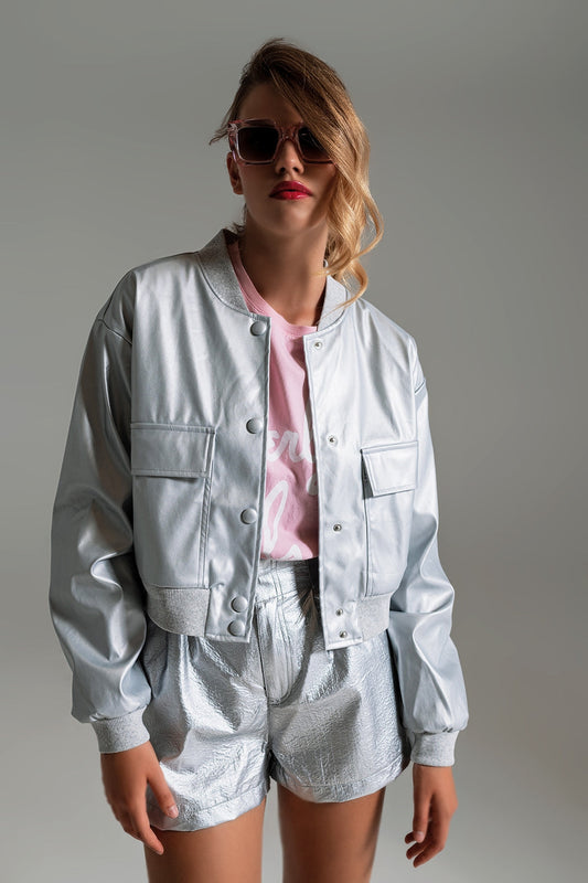 Metallic Bomber Jacket With Front Pockets in Silver