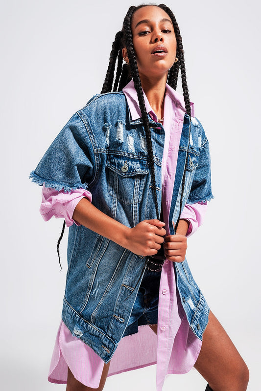 Oversized Distressed Short Sleeves Denim Jacket