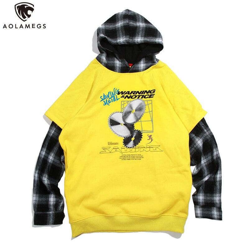 Hoodies Men Fake 2 Pieces Men Hooded Pullover Oversize Style Plaid