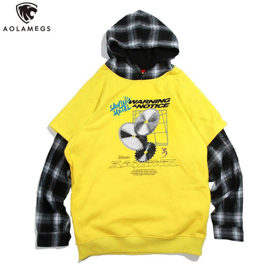 Hoodies Men Fake 2 Pieces Men Hooded Pullover Oversize Style Plaid