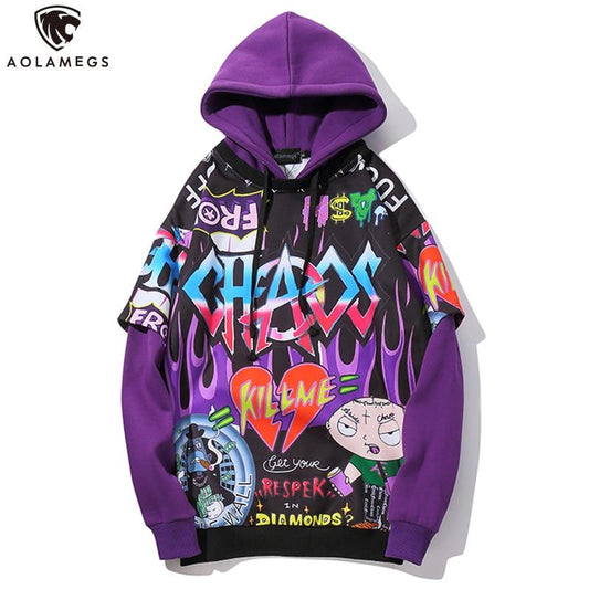 Men Fake 2 Pieces Hoodies For Men Letter Graffiti Harajuku High Street