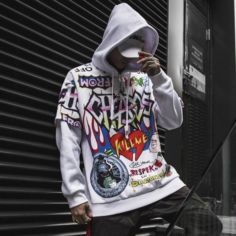 Men Fake 2 Pieces Hoodies For Men Letter Graffiti Harajuku High Street