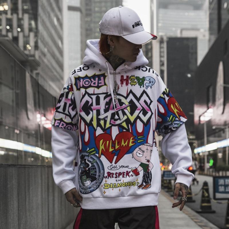 Men Fake 2 Pieces Hoodies For Men Letter Graffiti Harajuku High Street