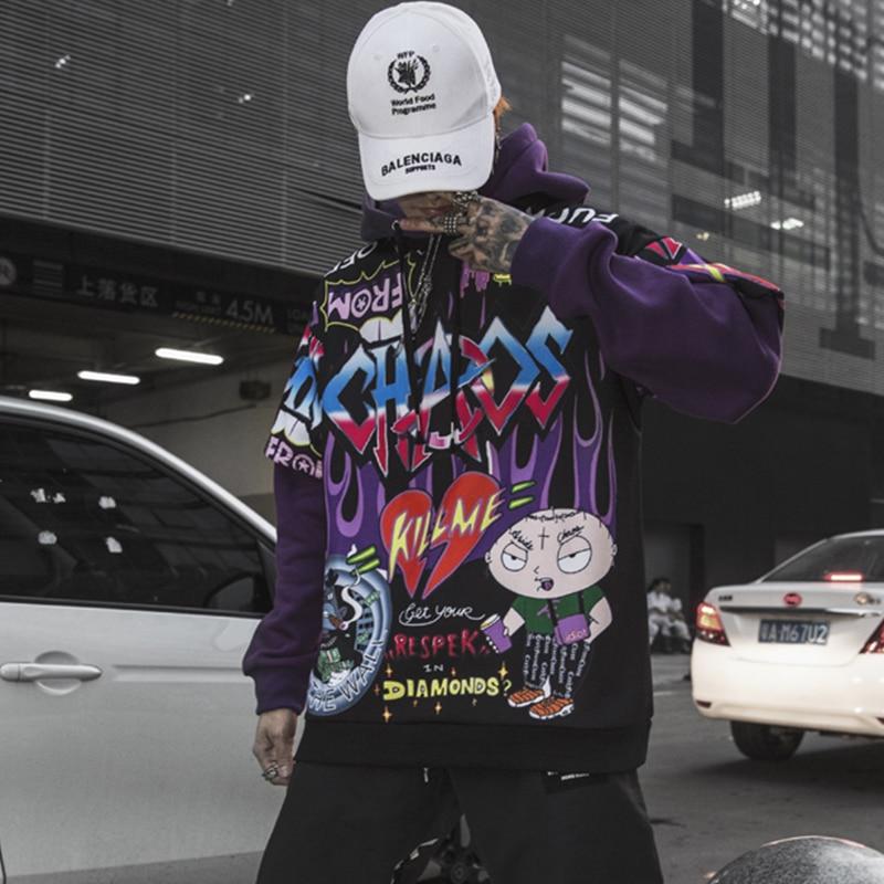 Men Fake 2 Pieces Hoodies For Men Letter Graffiti Harajuku High Street