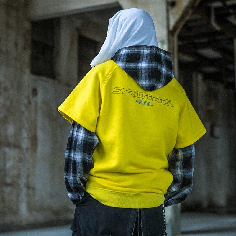 Hoodies Men Fake 2 Pieces Men Hooded Pullover Oversize Style Plaid