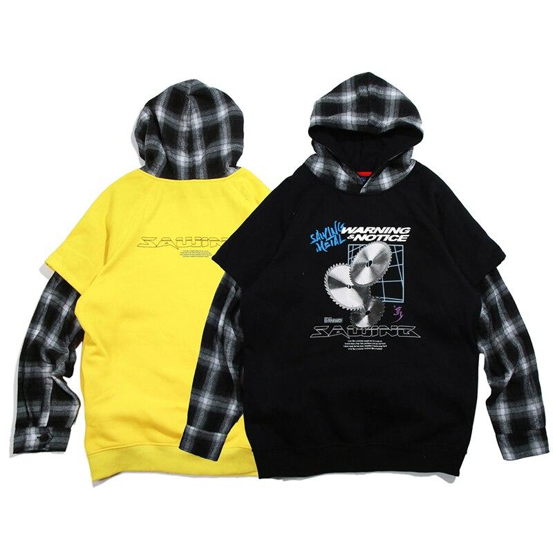 Hoodies Men Fake 2 Pieces Men Hooded Pullover Oversize Style Plaid