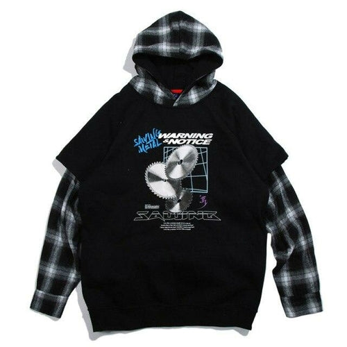 Hoodies Men Fake 2 Pieces Men Hooded Pullover Oversize Style Plaid