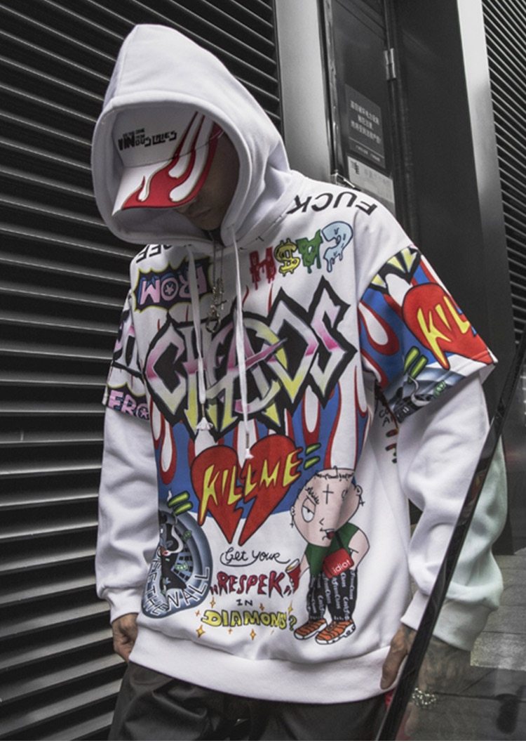 Men Fake 2 Pieces Hoodies For Men Letter Graffiti Harajuku High Street
