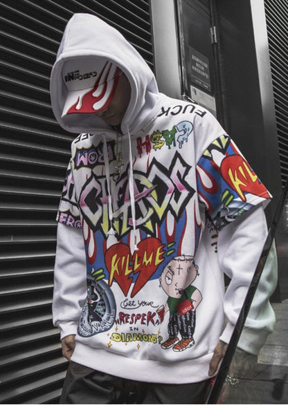 Men Fake 2 Pieces Hoodies For Men Letter Graffiti Harajuku High Street