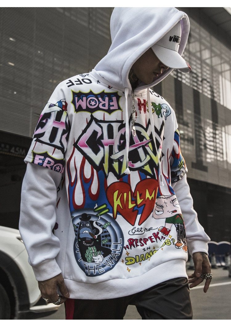 Men Fake 2 Pieces Hoodies For Men Letter Graffiti Harajuku High Street
