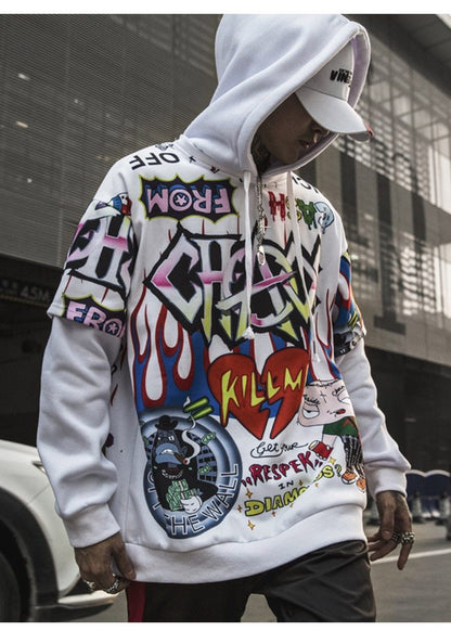 Men Fake 2 Pieces Hoodies For Men Letter Graffiti Harajuku High Street