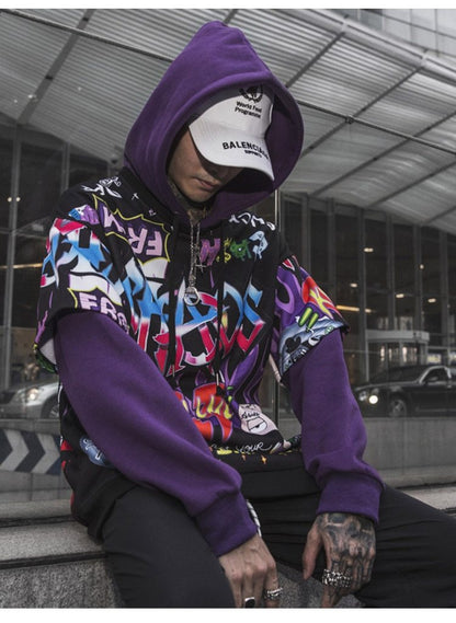 Men Fake 2 Pieces Hoodies For Men Letter Graffiti Harajuku High Street
