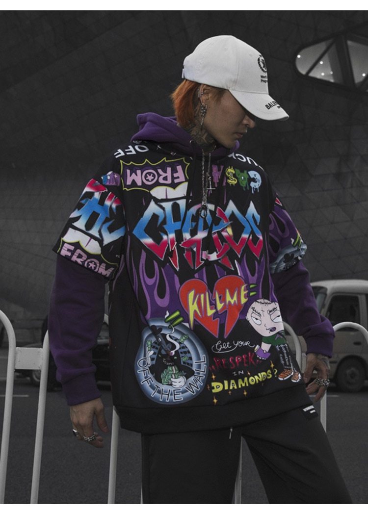 Men Fake 2 Pieces Hoodies For Men Letter Graffiti Harajuku High Street