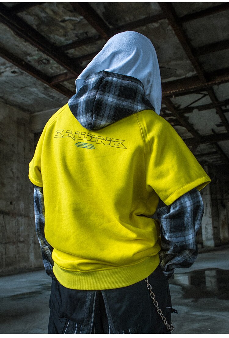 Hoodies Men Fake 2 Pieces Men Hooded Pullover Oversize Style Plaid