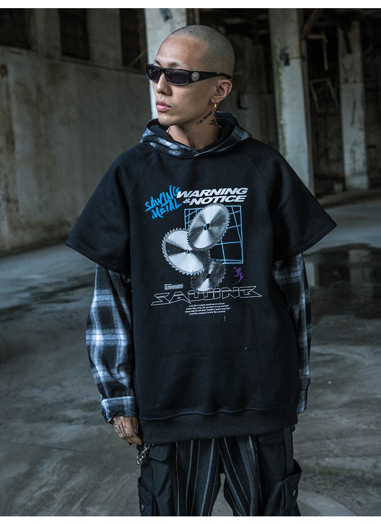 Hoodies Men Fake 2 Pieces Men Hooded Pullover Oversize Style Plaid