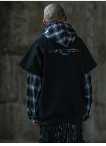 Hoodies Men Fake 2 Pieces Men Hooded Pullover Oversize Style Plaid