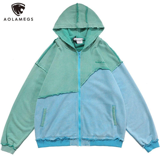 Patchwork Color Zipper Distressed Hoodie