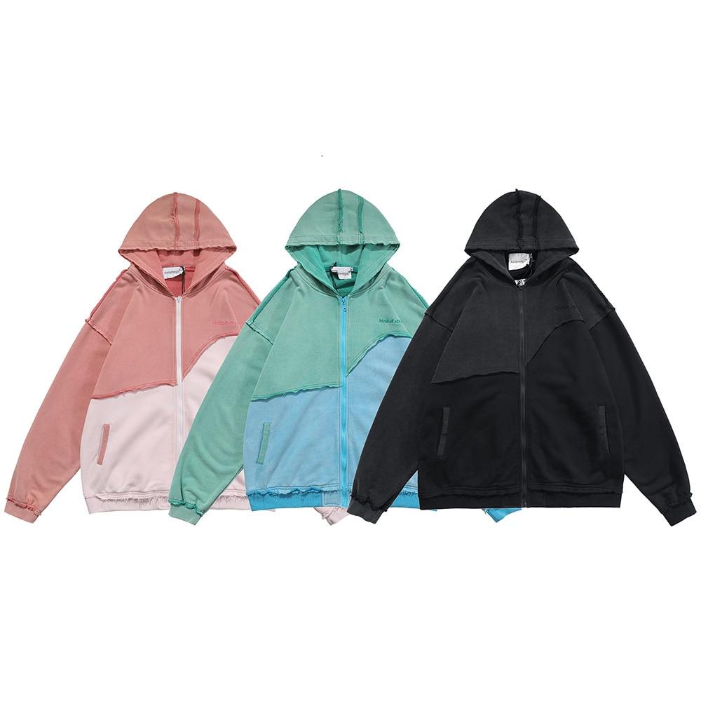 Patchwork Color Zipper Distressed Hoodie