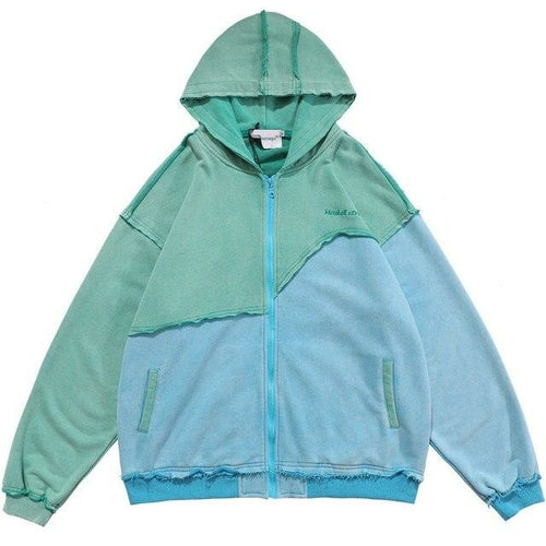 Patchwork Color Zipper Distressed Hoodie